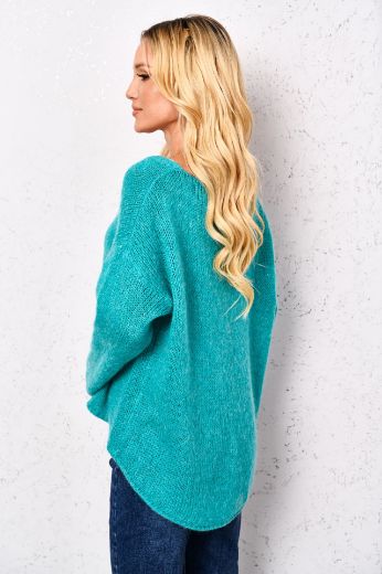 Asymetryczny sweter z plecionej dzianiny turkusowy