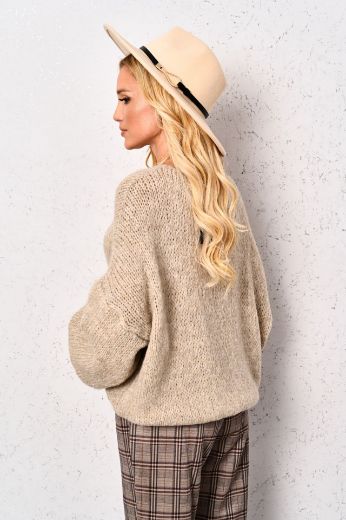 Oversize’owy sweter z bufiastymi rękawami beżowy