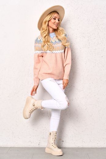 Pastelowy sweter z norweskim wzorem pudrowy róż