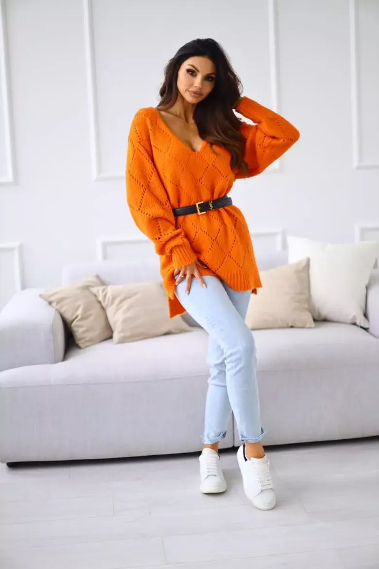 Miękki ażurowy sweter pomarańczowy